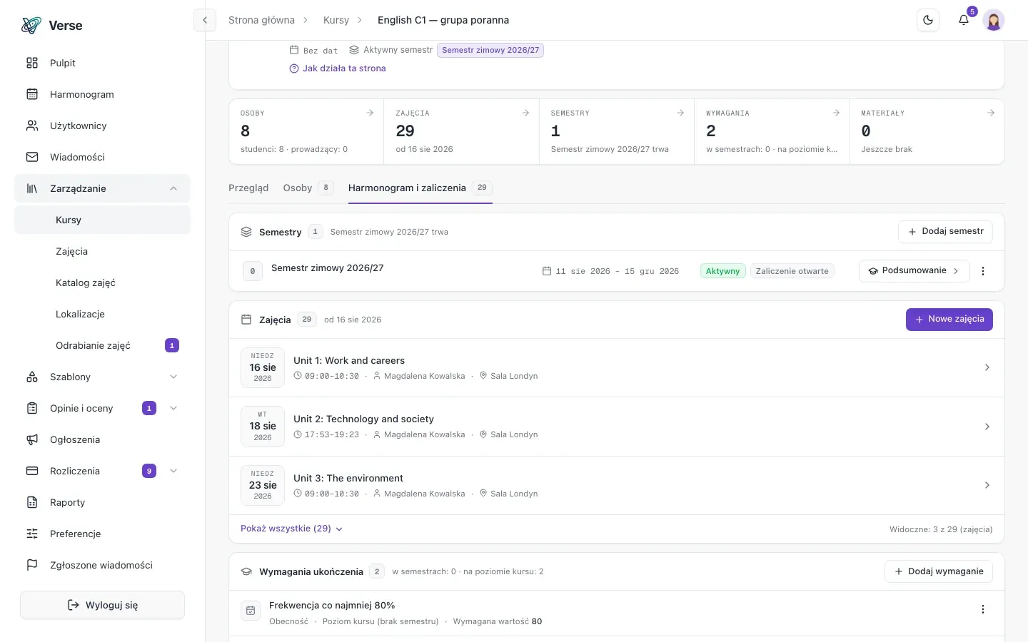 Kurs z harmonogramem zajęć i wymaganiami ukończenia