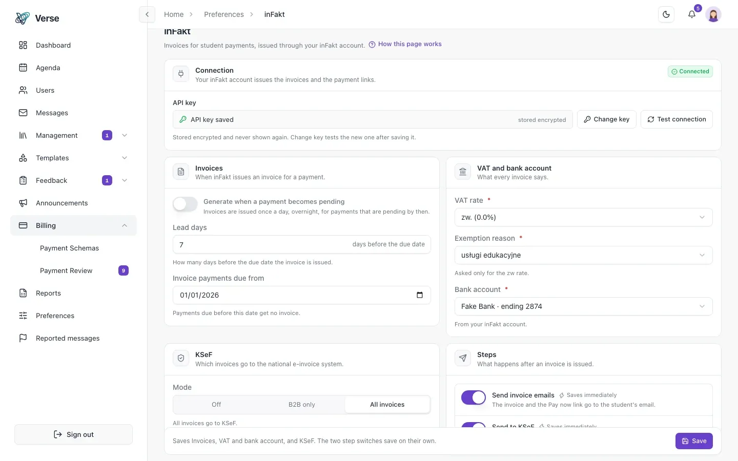 Invoice and KSeF settings in the inFakt integration