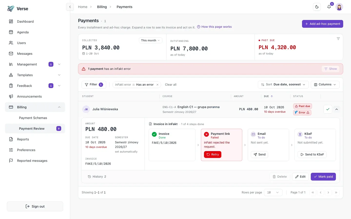 An invoice's steps for a payment: invoice, payment link, email and KSeF