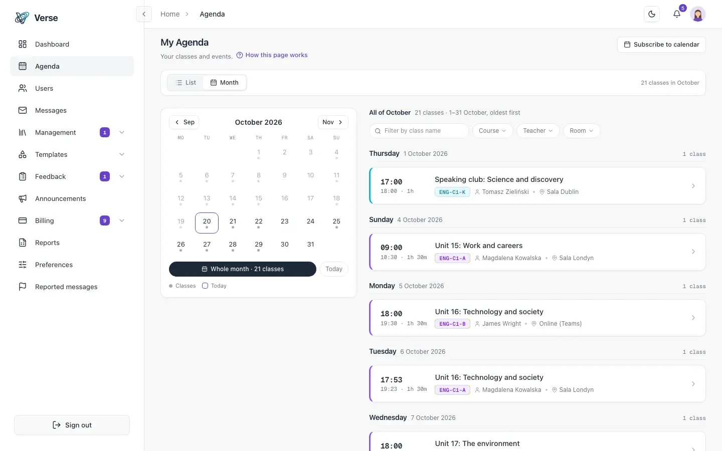 A month's schedule with course, teacher and room filters