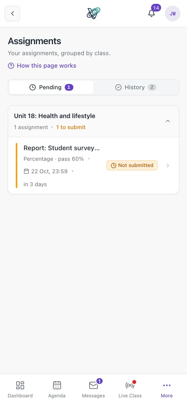 A student's assignments, grouped by class