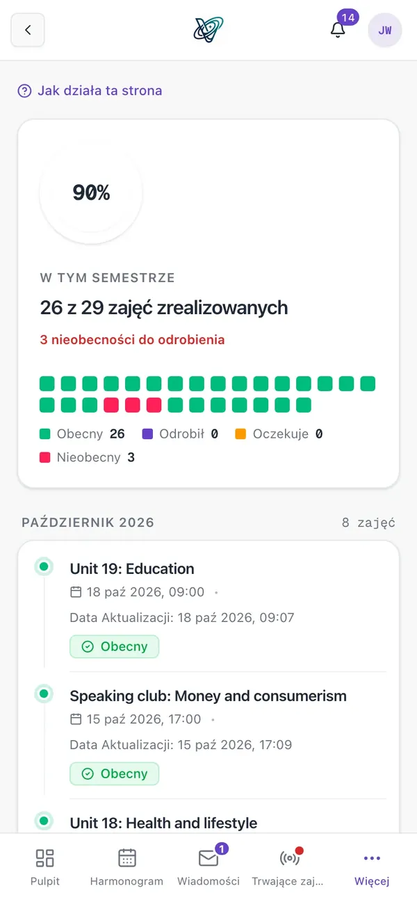 Podsumowanie obecności kursanta w semestrze
