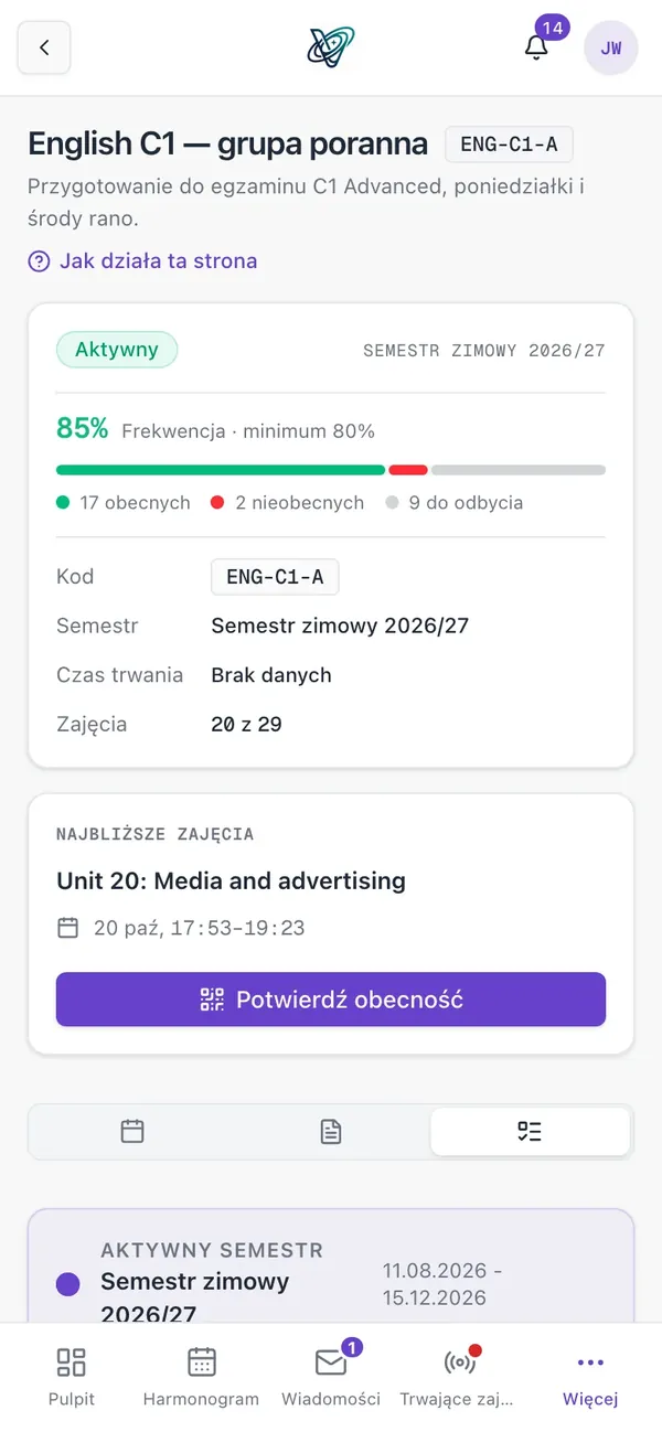 Kurs w aplikacji kursanta: frekwencja i najbliższe zajęcia