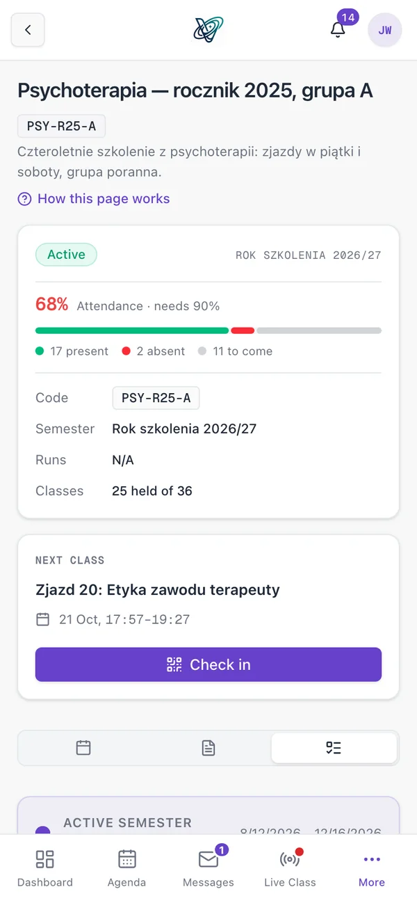 A cohort in the participant's app: attendance and the next block