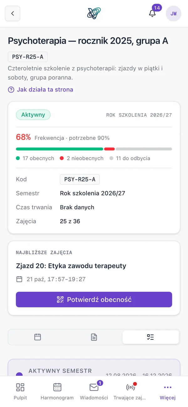 Rocznik w aplikacji uczestnika: frekwencja i najbliższy zjazd