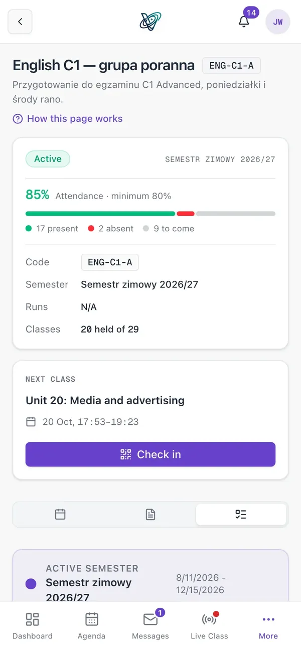 A course in the student's app: attendance and the next class
