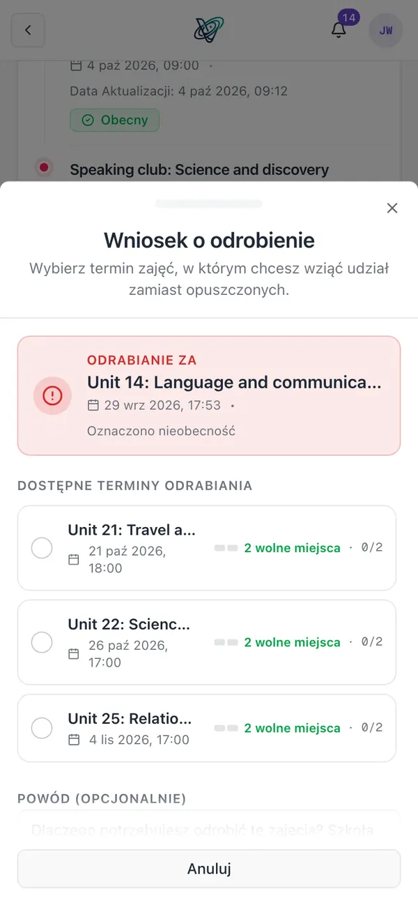 Wniosek o odrobienie zajęć w aplikacji: wybór zajęć w innej grupie