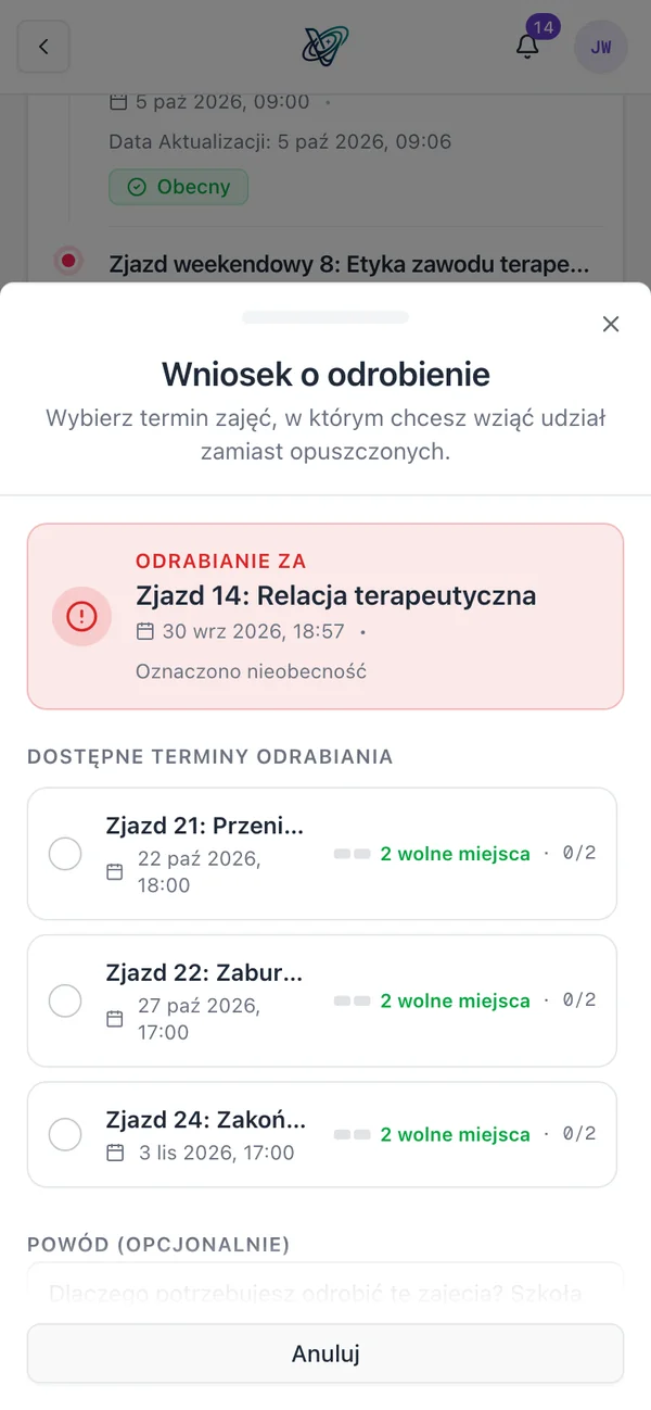 Wniosek o odrobienie opuszczonego zjazdu w aplikacji uczestnika