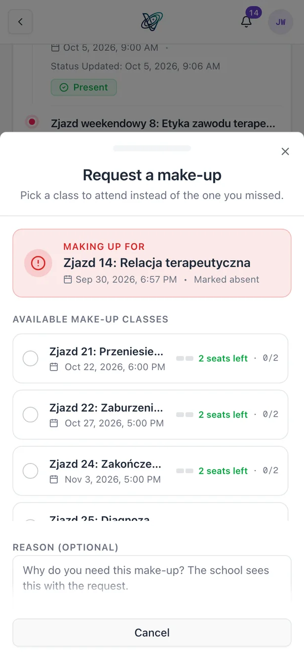 A make-up request for a missed block in the participant's app