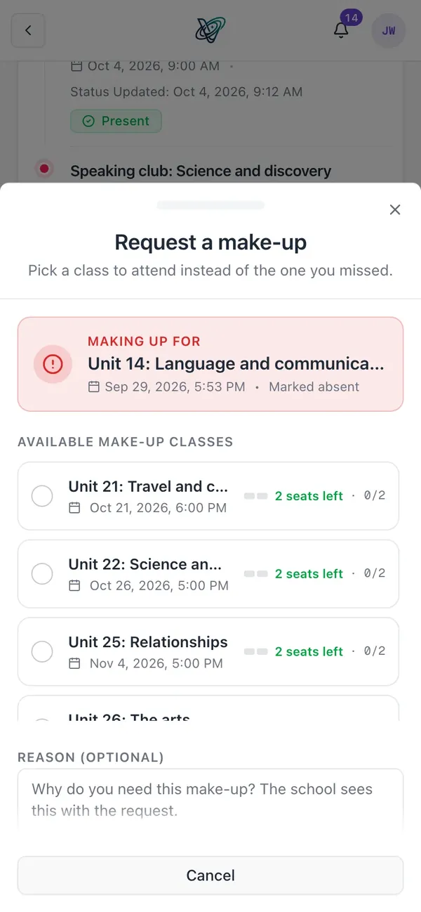 A make-up request in the app: picking a class in another group