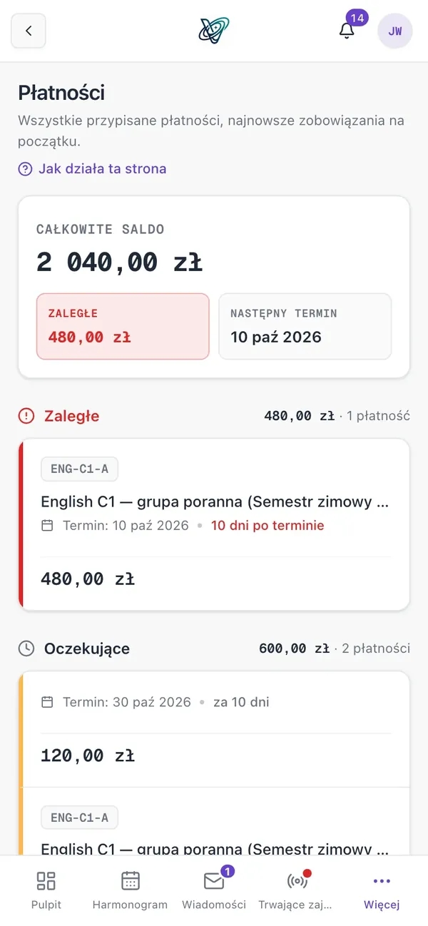 Saldo i raty kursanta w aplikacji VerseLMS