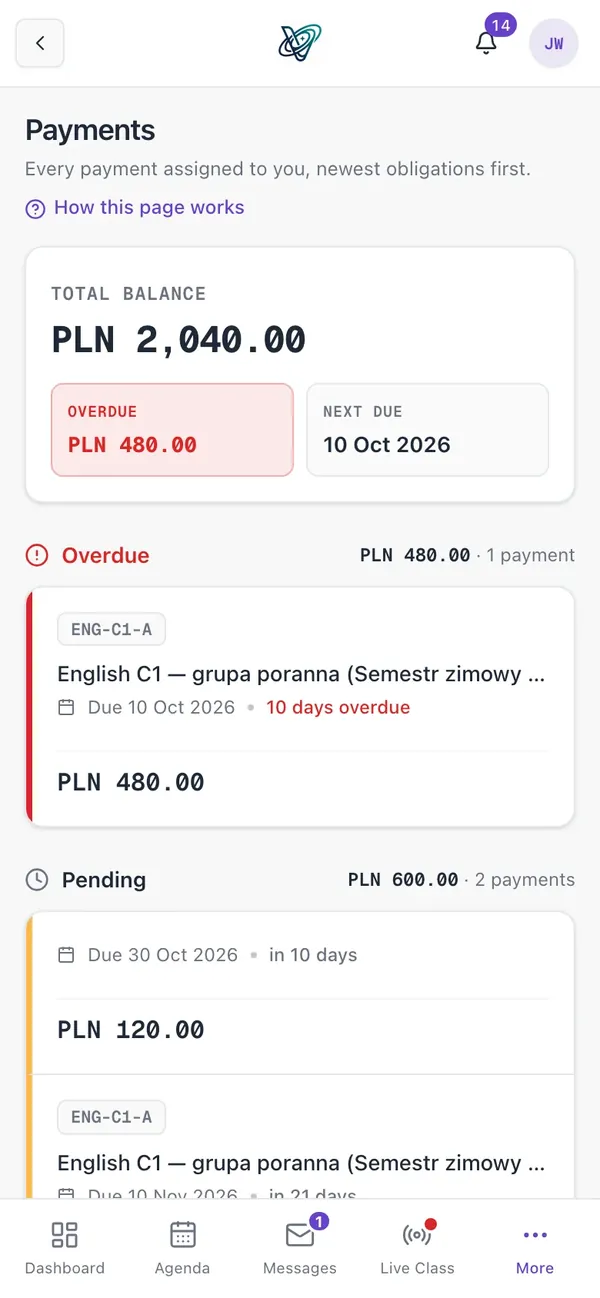 A student's balance and instalments in the VerseLMS app