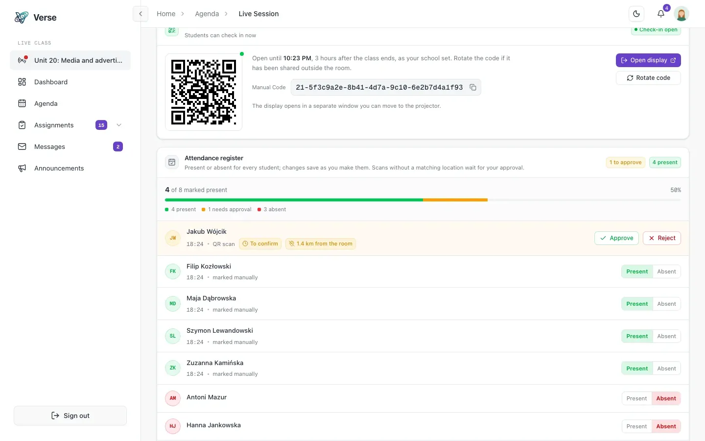 A scan awaiting approval in the teacher's attendance register