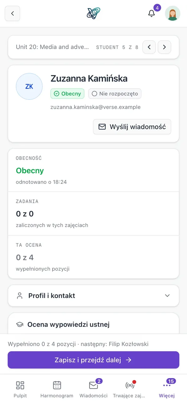 Prowadzący wystawia ocenę kursantowi w aplikacji