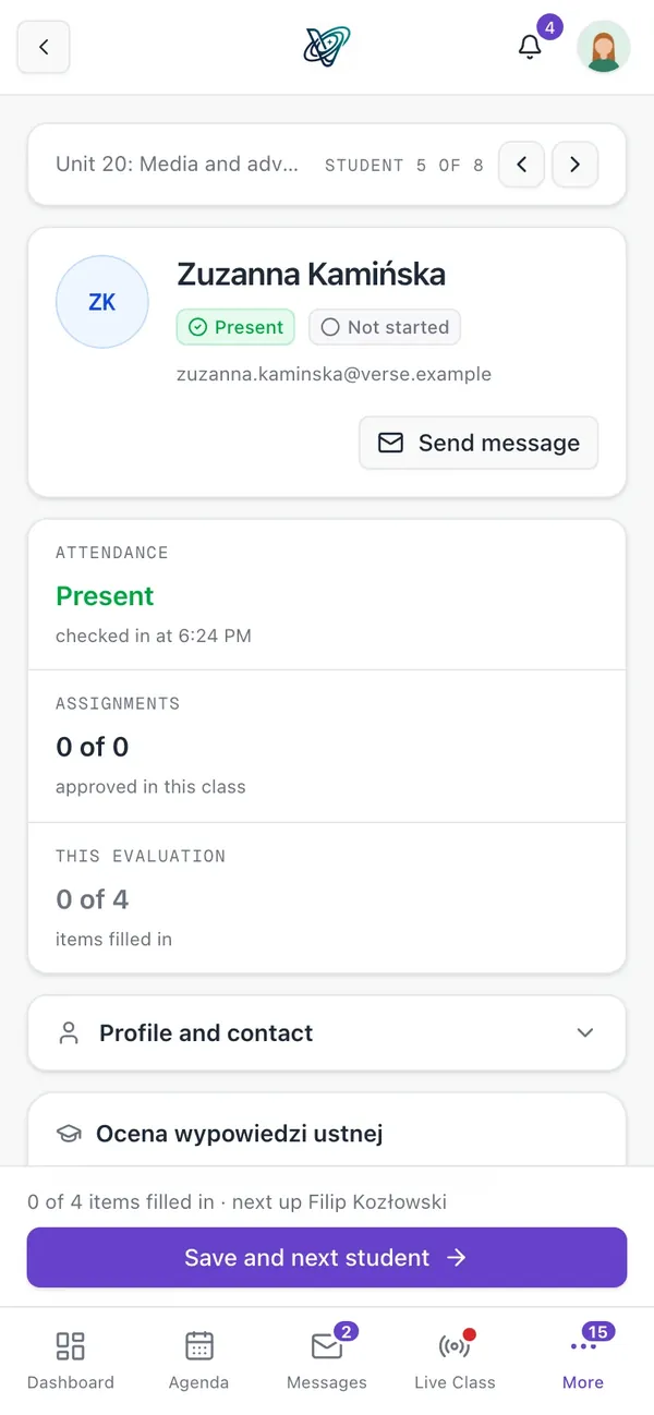 A teacher grading a student in the app